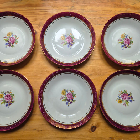 6x Antike tiefe Speiseteller Blumendekor weiß mit lila Goldrand