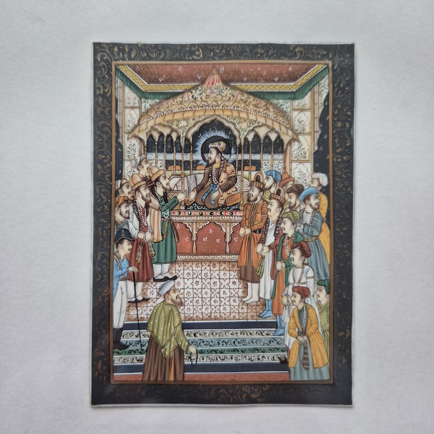 Antike Mogul Miniatur Gemälde Handarbeit König Shamjahan Taj Mahal Gericht Szene