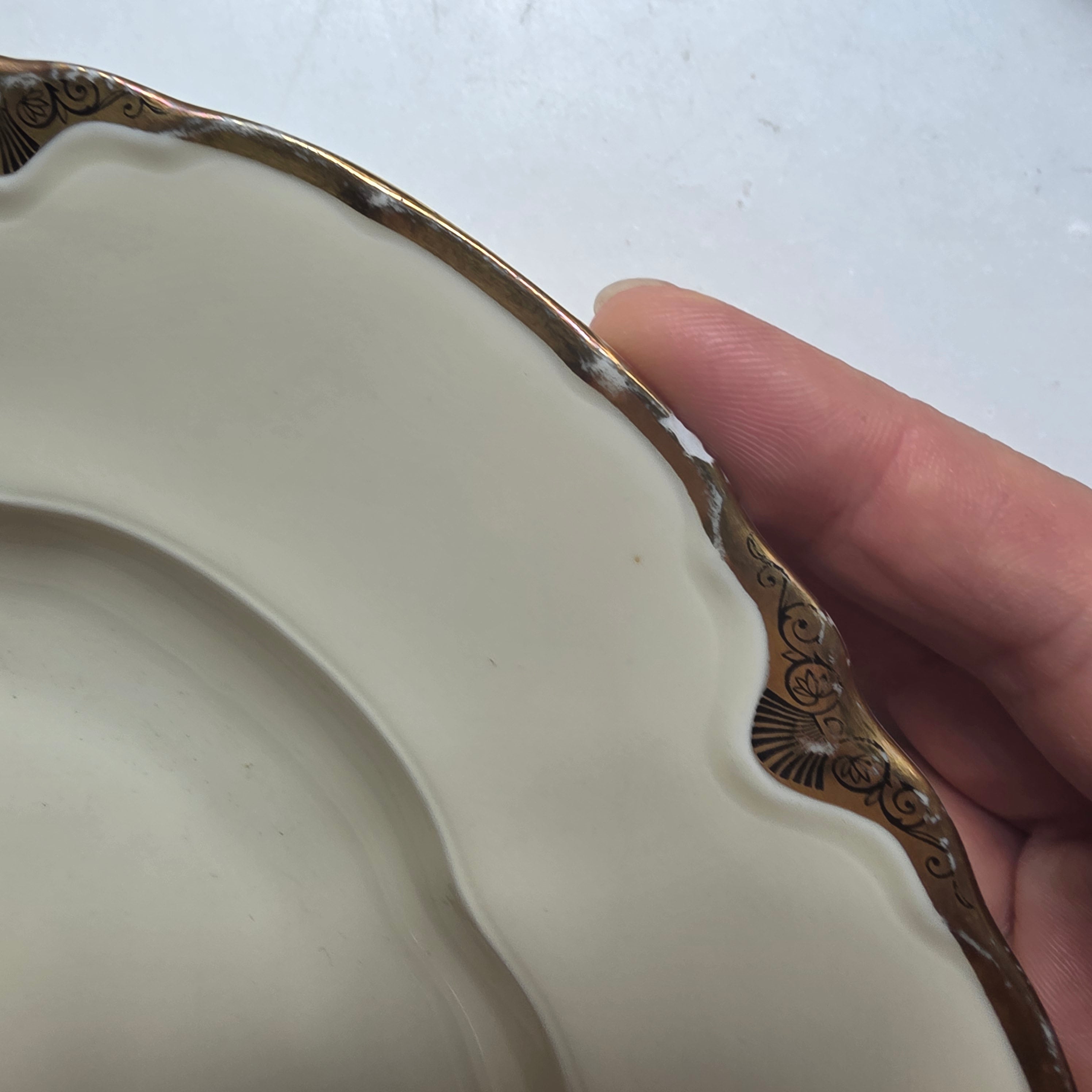 Antike Schönwald Porzellan-Essteller mit Goldrand & Muschelrelief (5er-Set) – Elfenbein/Creme
