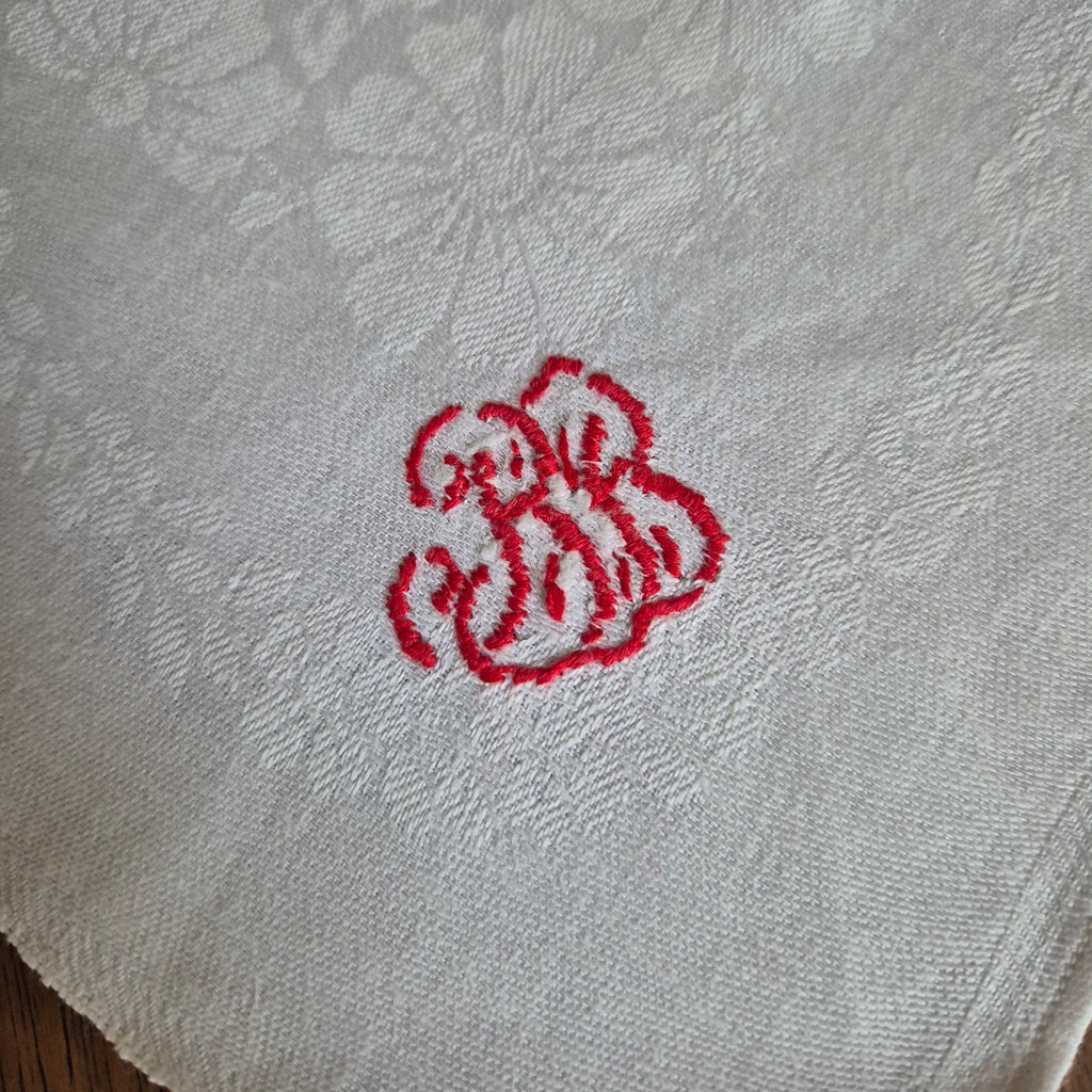 Antike Jugendstil Serviette Damast Baumwolle Monogramm B.B weiß