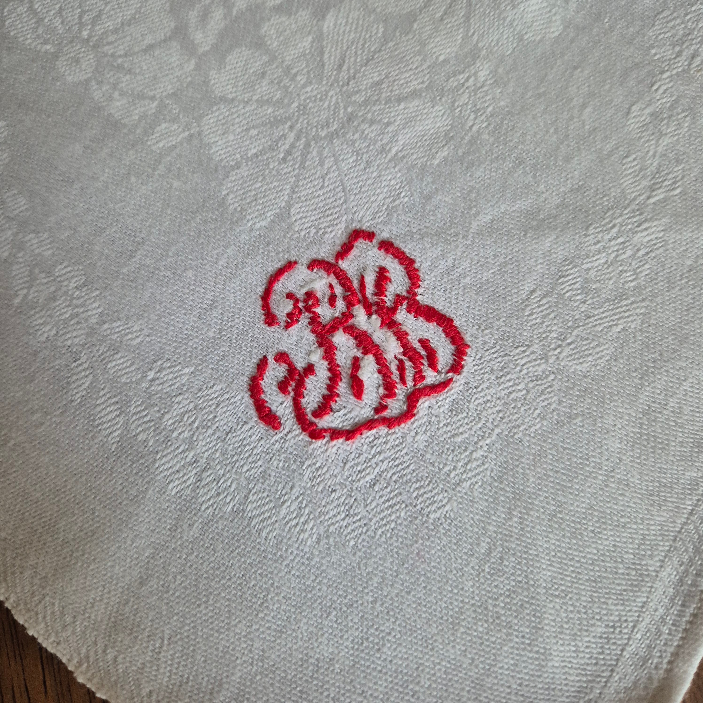Antike Jugendstil Serviette Damast Baumwolle Monogramm B.B weiß