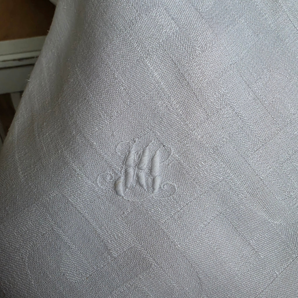 Antike Damast-Tischdecke 135x175cm - weiß - Monogramm M.S.