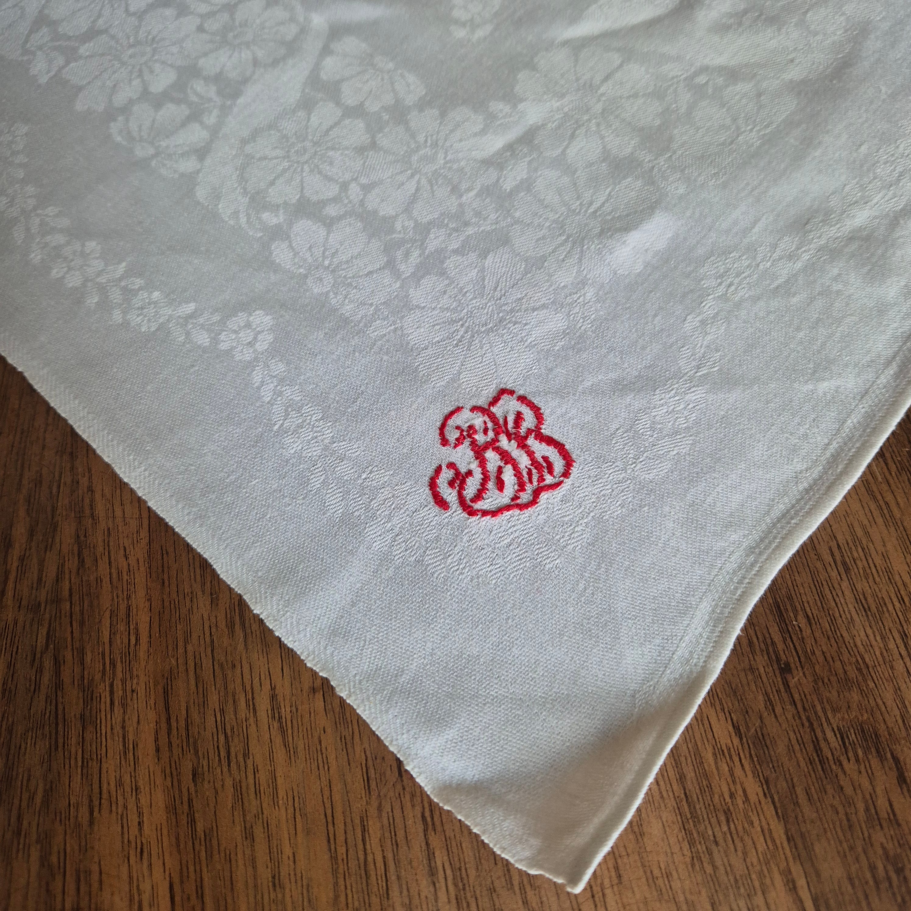 Antike Jugendstil Serviette Damast Baumwolle Monogramm B.B weiß