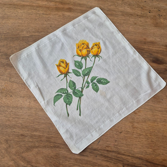 Vintage Stofftaschentuch weiß bedruckt mit Rose Baumwolle 32x34cm