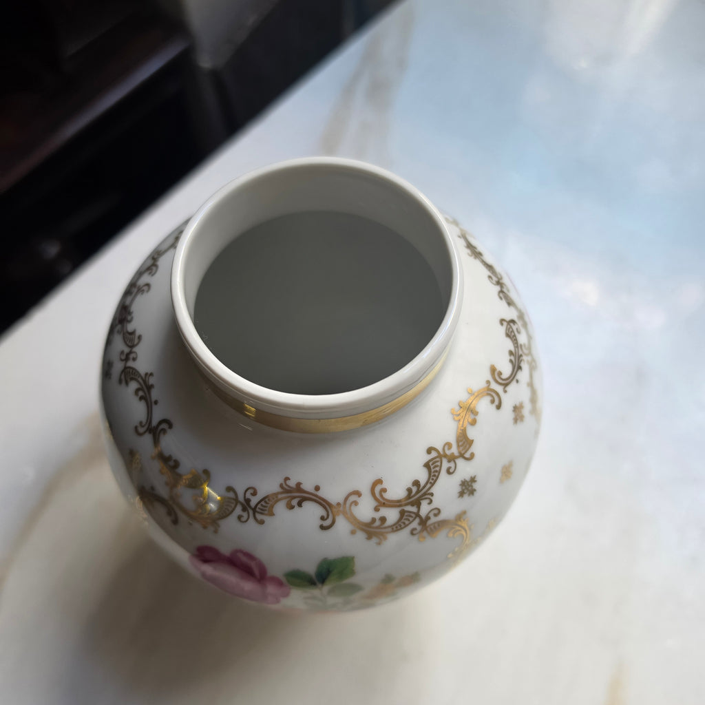 Edle Vintage Kugelvase aus Porzellan – Schumann Bavaria Filigranes Golddekor & Blumenbouquet