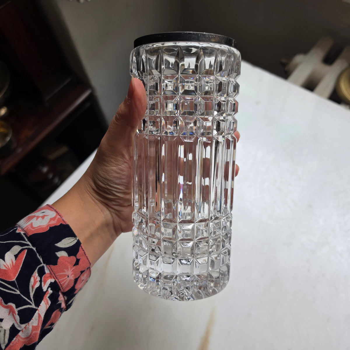 Vintage Kristallvase mit gestempeltem 925 Sterling Silber Rand – Facettenschliff – Top Zustand