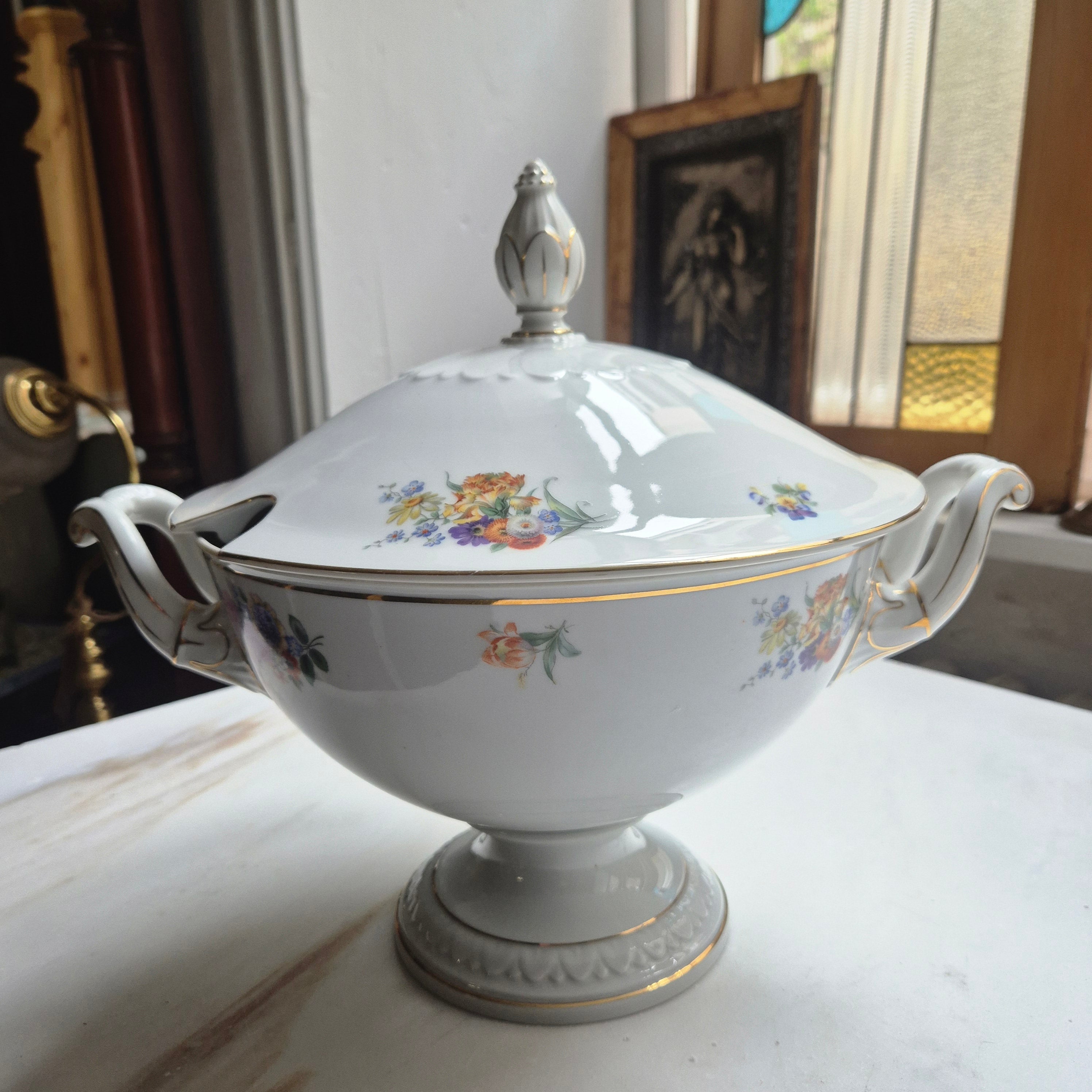 Antike große Rosenthal Empire Terrine Suppenterrine Schüssel mit Deckel Blumenmalerei Porzellan
