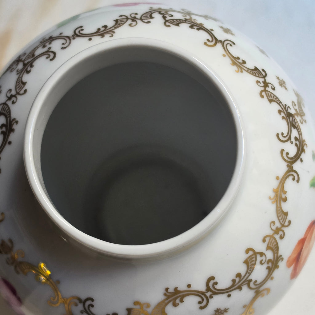 Edle Vintage Kugelvase aus Porzellan – Schumann Bavaria Filigranes Golddekor & Blumenbouquet