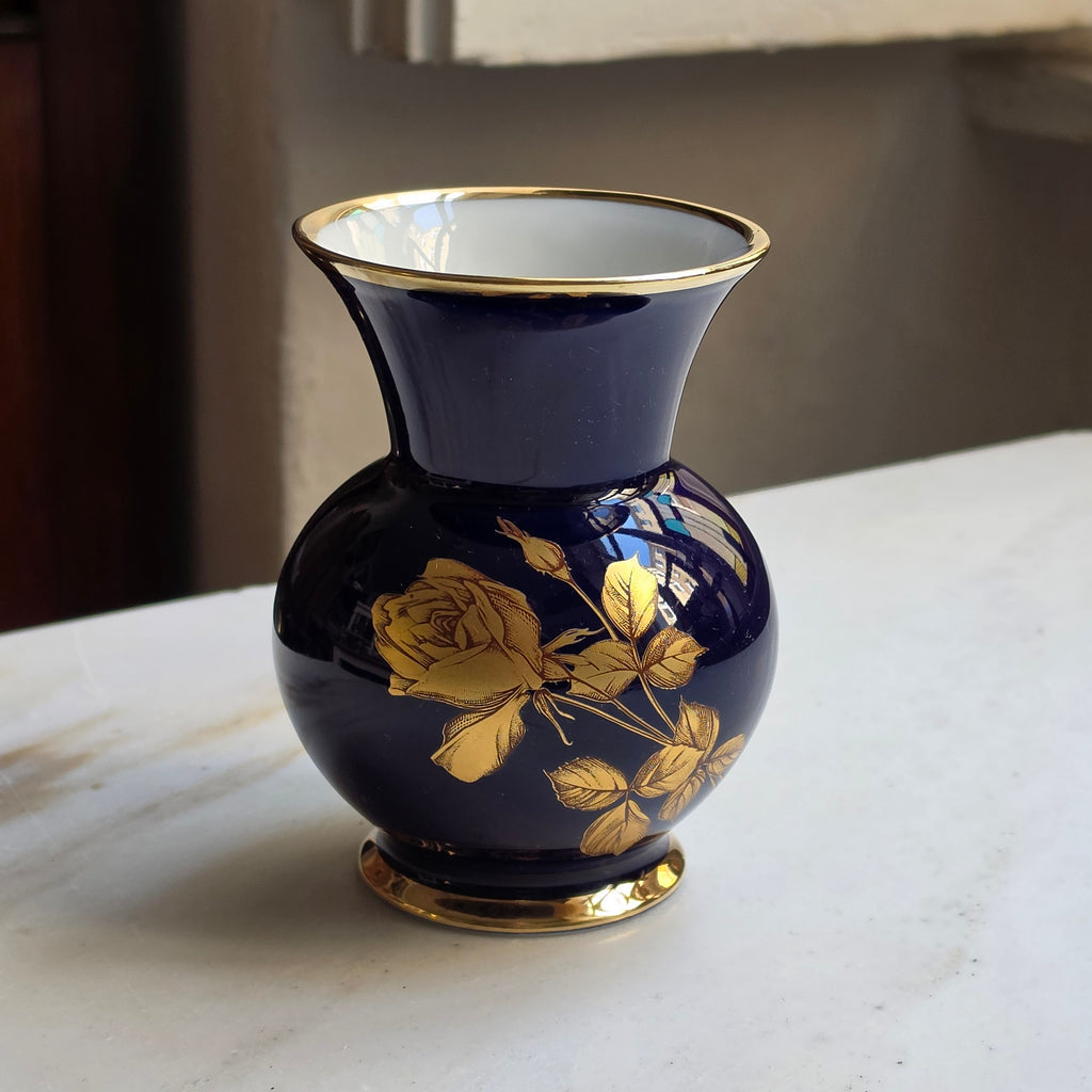 Vintage KPM Royal Porzellan Bavaria Vase – Echt Cobalt & Golddekor (Rose)