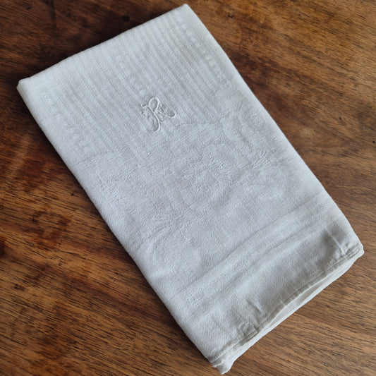 Antikes Jugendstil Küchen-&Geschirrtuch weiß Damast Baumwolle 51x110cm Monogram R.