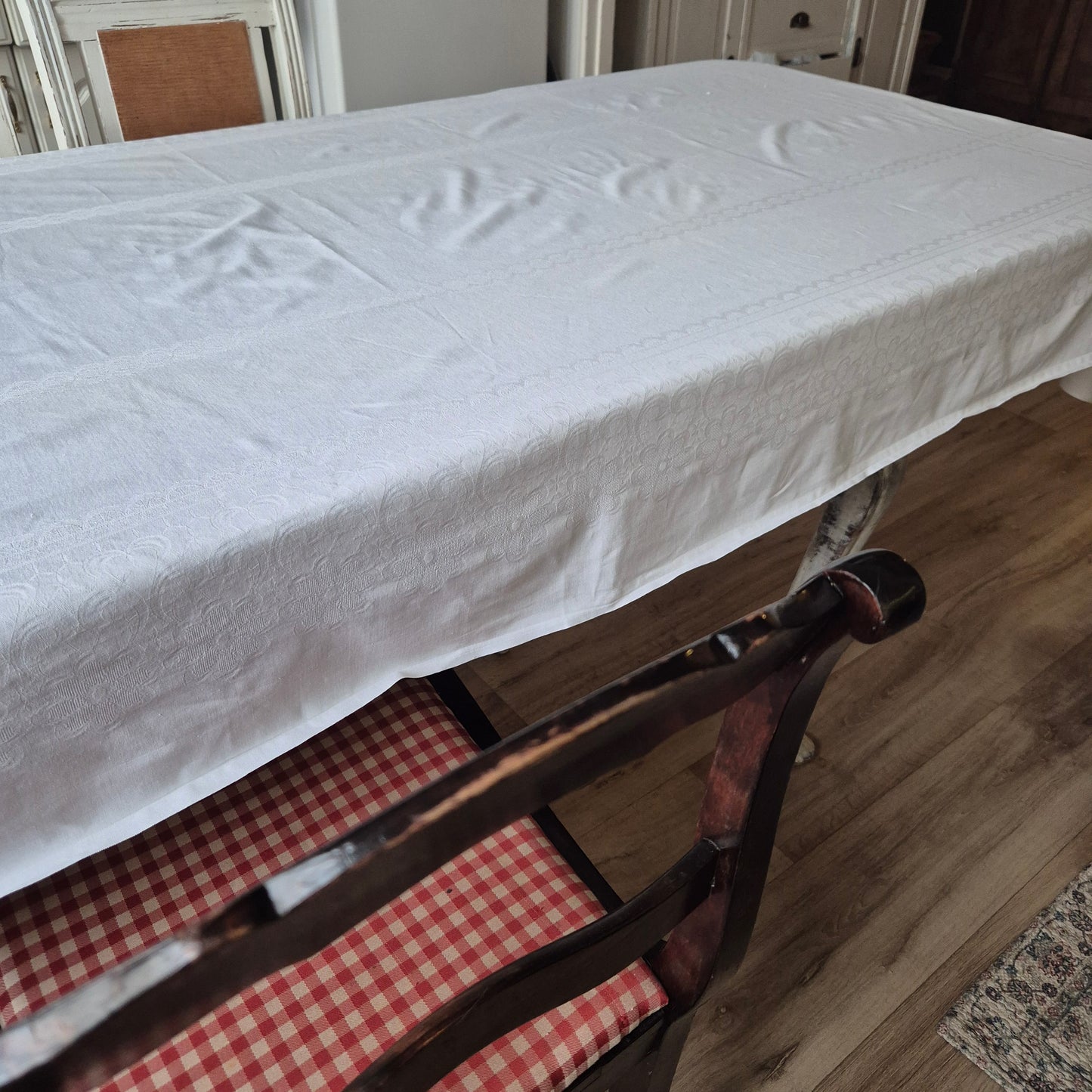 Vintage Tischdecke weiß 120x 265cm Damast weiß