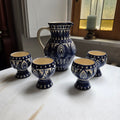 Vintage Keramik Wasser-Set - Saft-Set - Krug mit 4 Kelchen - Bechern - Blau-Weiß Handgemalt