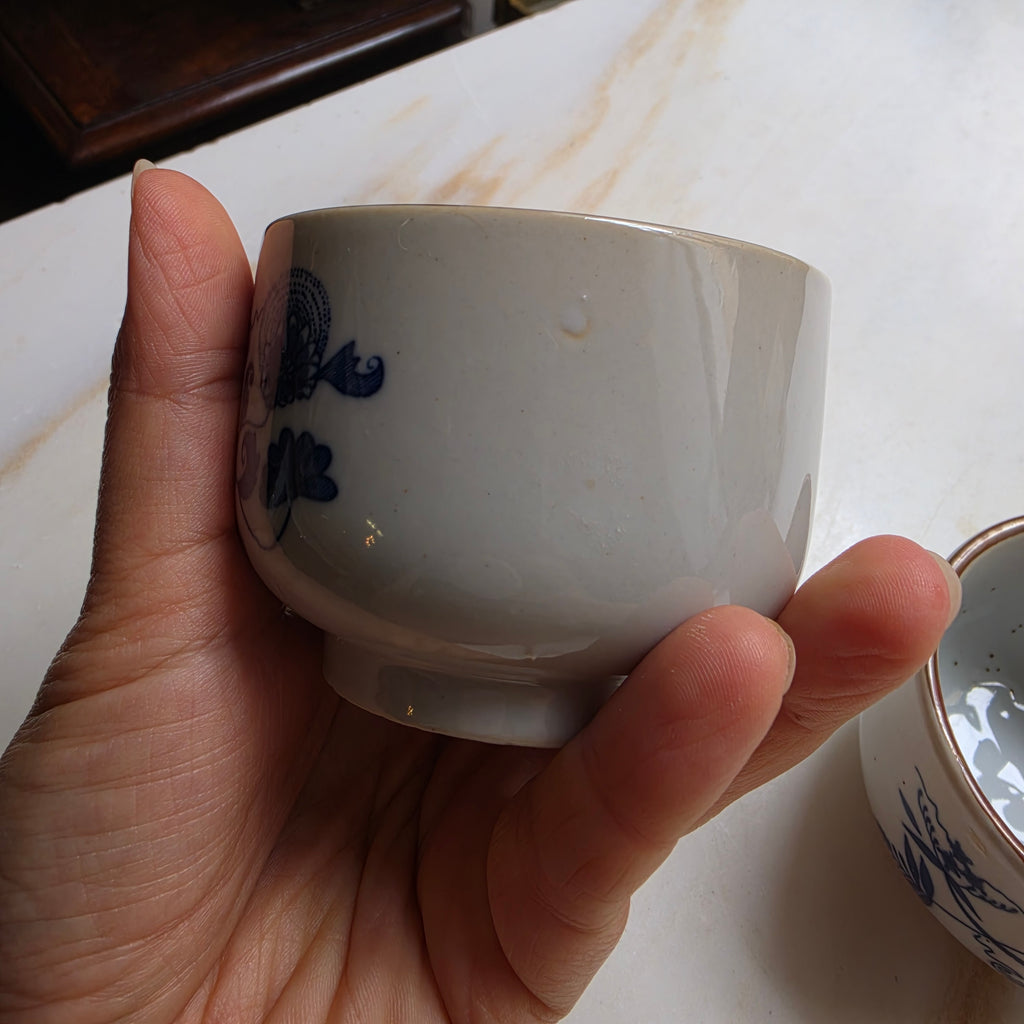 2x Vintage Sake-Becher - Tee-Becher – Blau-Weißes Zwiebelmuster (Handarbeit)