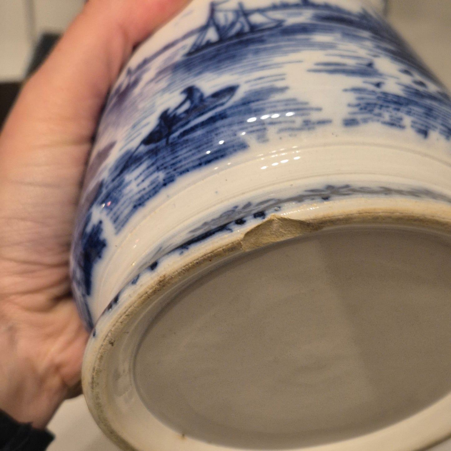 Antike H.H & Cie Delft Vorratsdose ohne Deckel blau weiß 120Jahre alt Kochlöffelhalter Aufschrift "Bohnen"