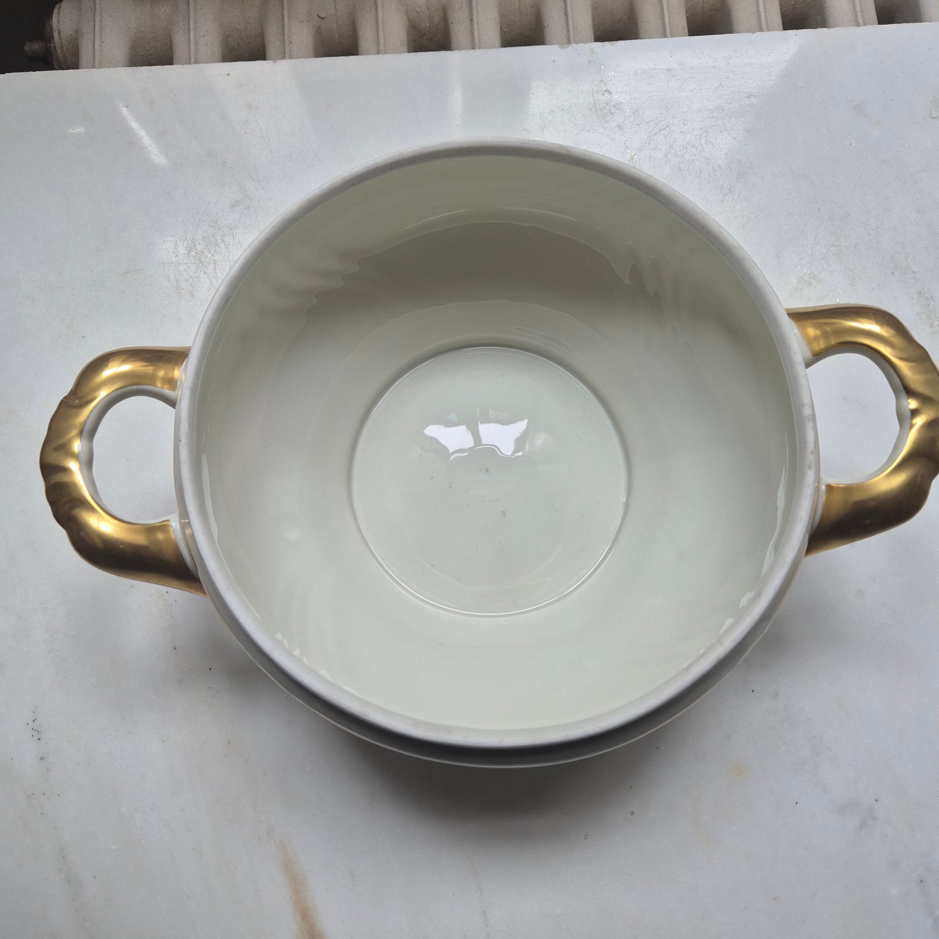 Alte große Suppenterrine mit Deckel Vintage Bavaria Porzellan elfenbein gold