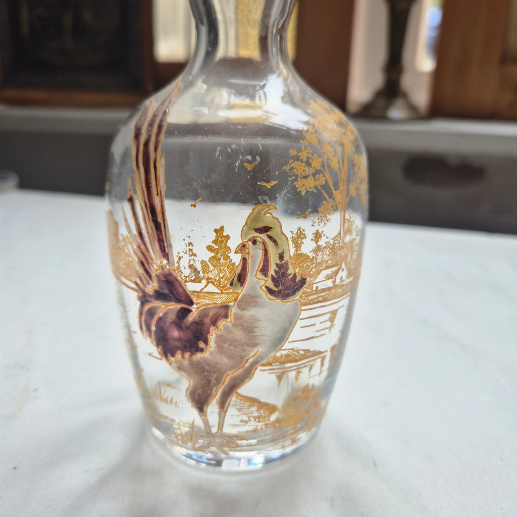 Antike Jugendstil Karaffe Glas Emaillemalerei aus Frankreich Hahnmotiv