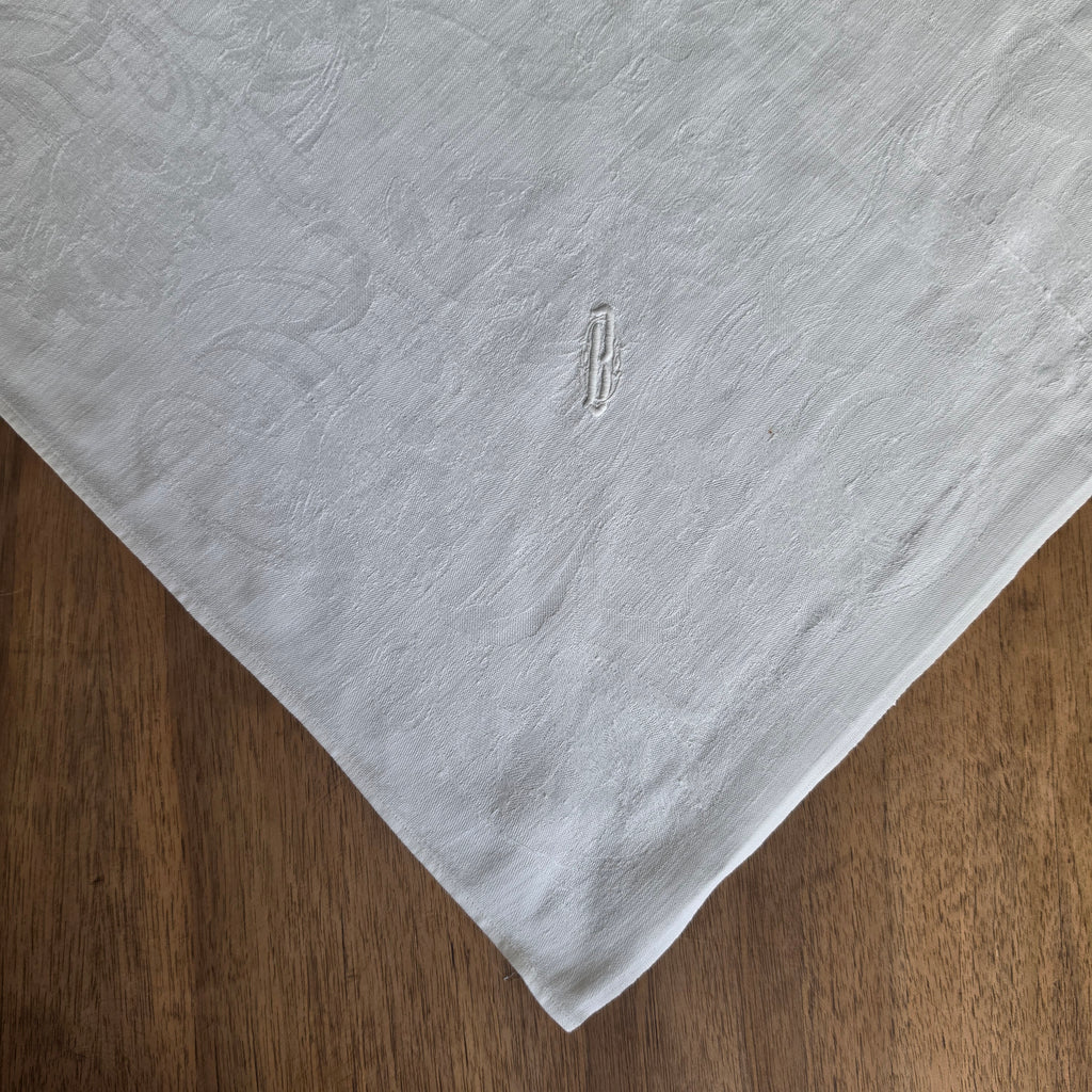 Antike Damast-Serviette - Mitteldecke mit kunstvollem Jugendstil-Muster & Monogramm „B“ - 60x65cm