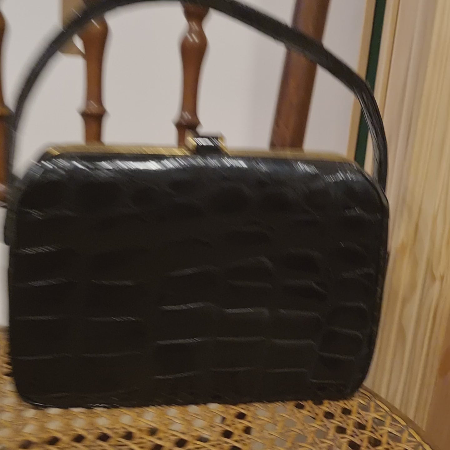 Vintage 50er Jahre Handtasche echt Kroko Leder Tasche Henkeltasche Midcentury schwarz