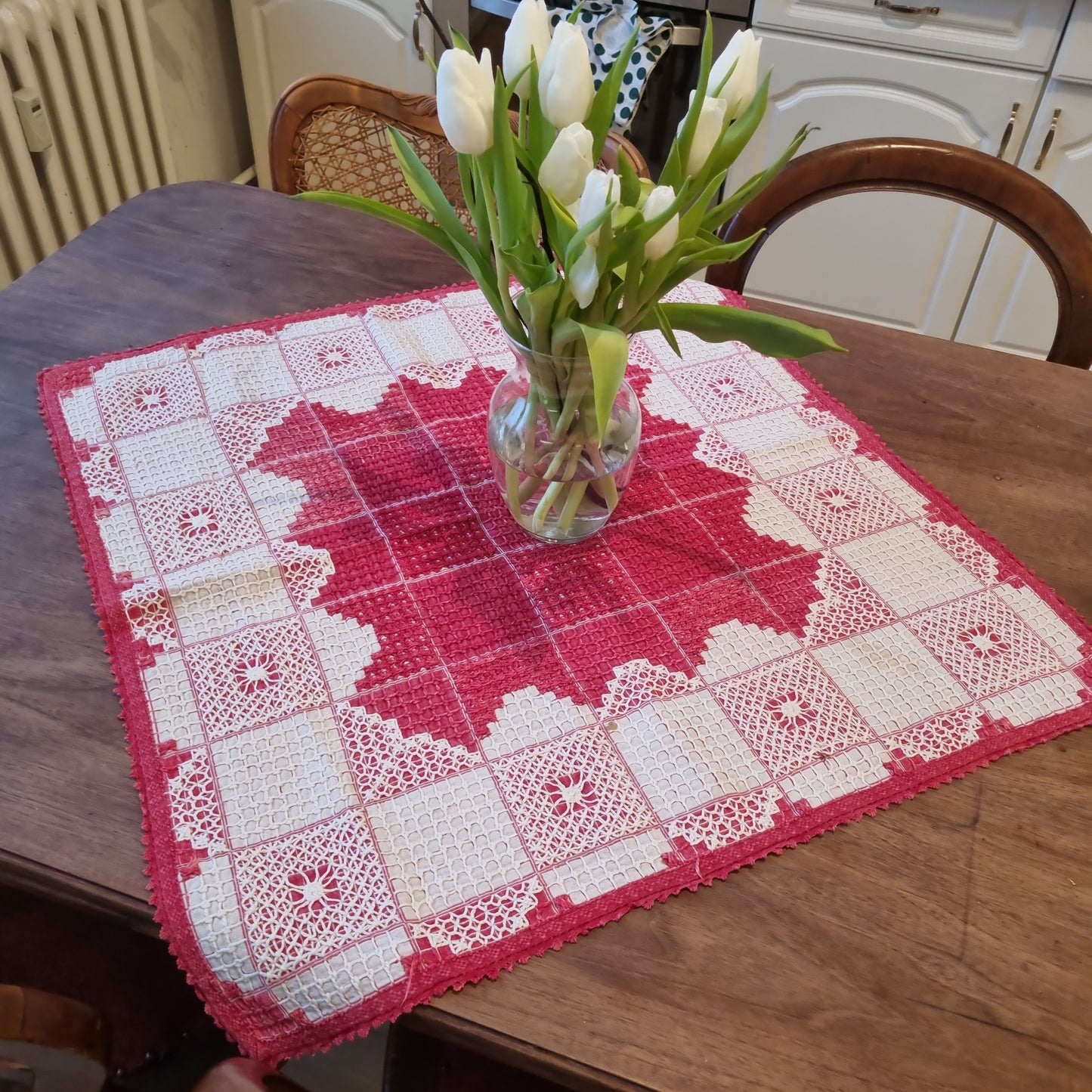 🤍Antike Handgemachte Baumwolle Leinen mit roter Stickerei 70x70cm Vintage Landhaus French Mitteldecke