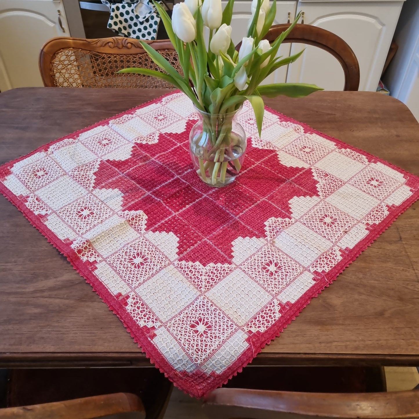 🤍Antike Handgemachte Baumwolle Leinen mit roter Stickerei 70x70cm Vintage Landhaus French Mitteldecke