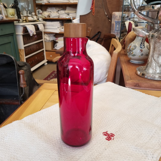 Rote Glas Karaffe Gefäß mit Holz Deckel Korken Wasser Wein Behälter Vintage