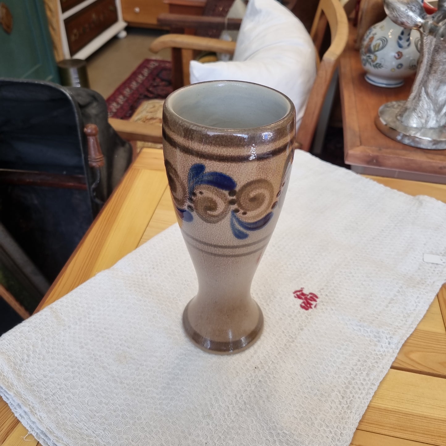 Antike Keramik Vase Bierkrug 70er Jahre blau braun mit Muster midcentury