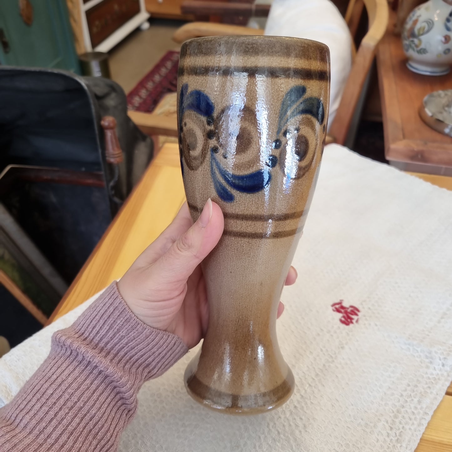 Antike Keramik Vase Bierkrug 70er Jahre blau braun mit Muster midcentury