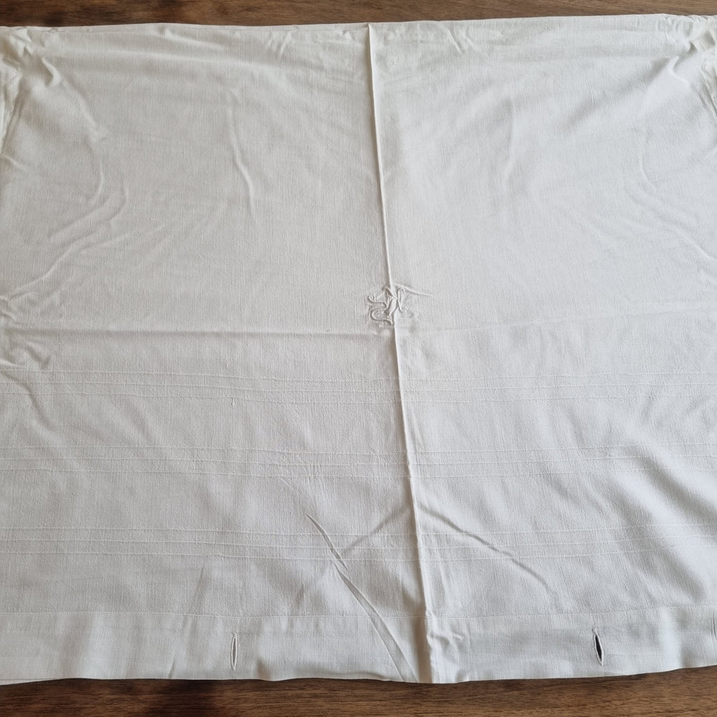 Antikes Bettlaken / Bettüberwurf Baumwolle mit Monogramm K.S. und Spitze 140x230cm weiß ♡