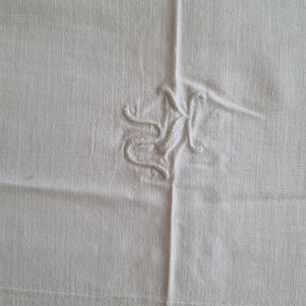 Antikes Bettlaken / Bettüberwurf Baumwolle mit Monogramm K.S. und Spitze 140x230cm weiß ♡
