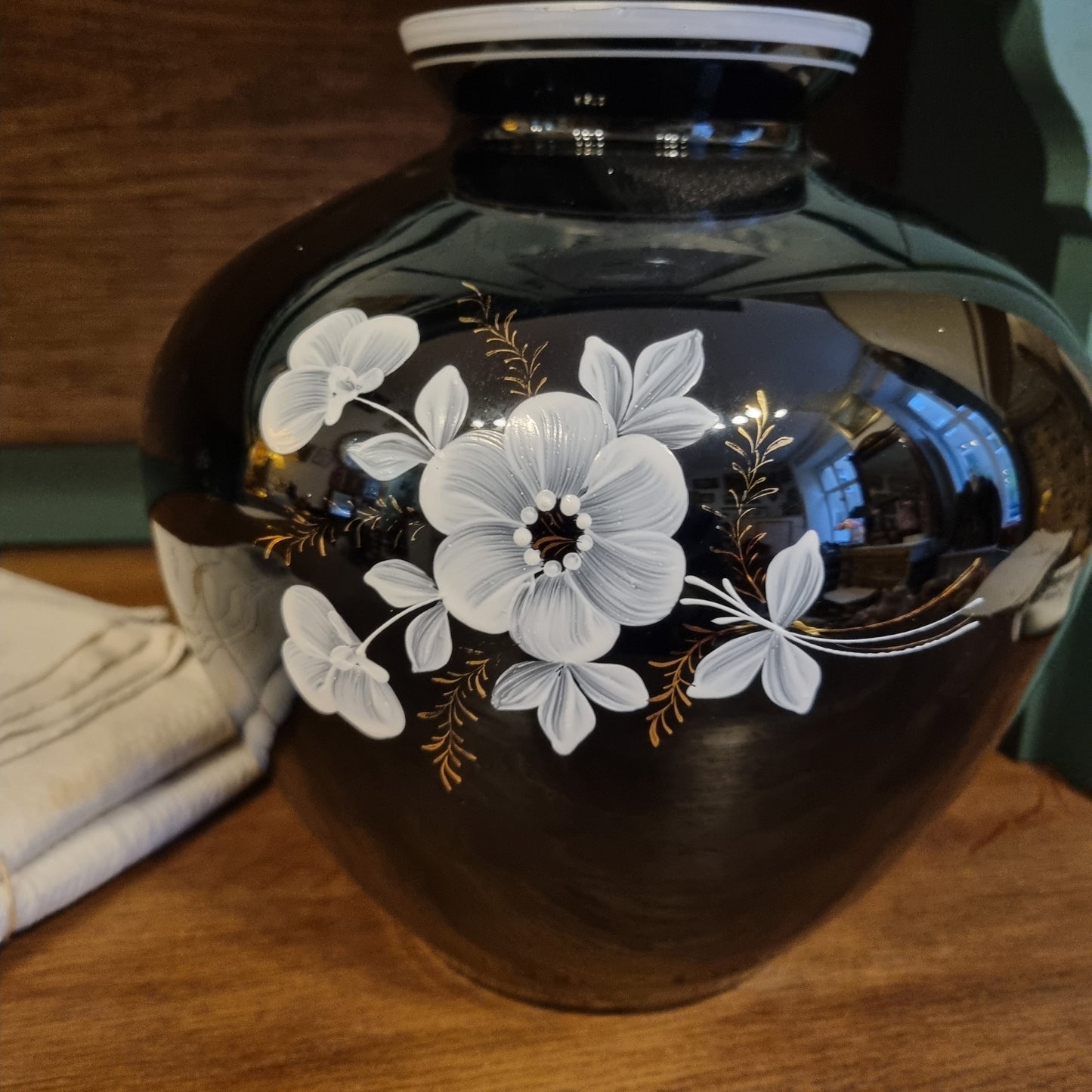 Große schwarze Vintage Glas Vase mit floralem Muster-Einzigartig!