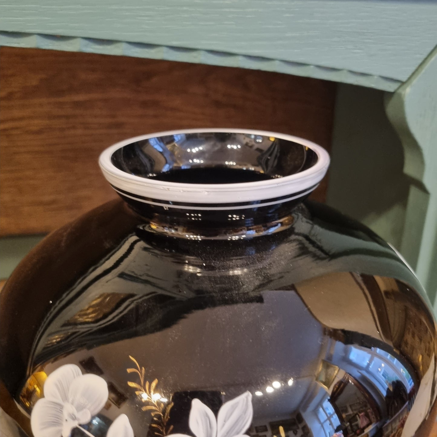 Große schwarze Vintage Glas Vase mit floralem Muster-Einzigartig!