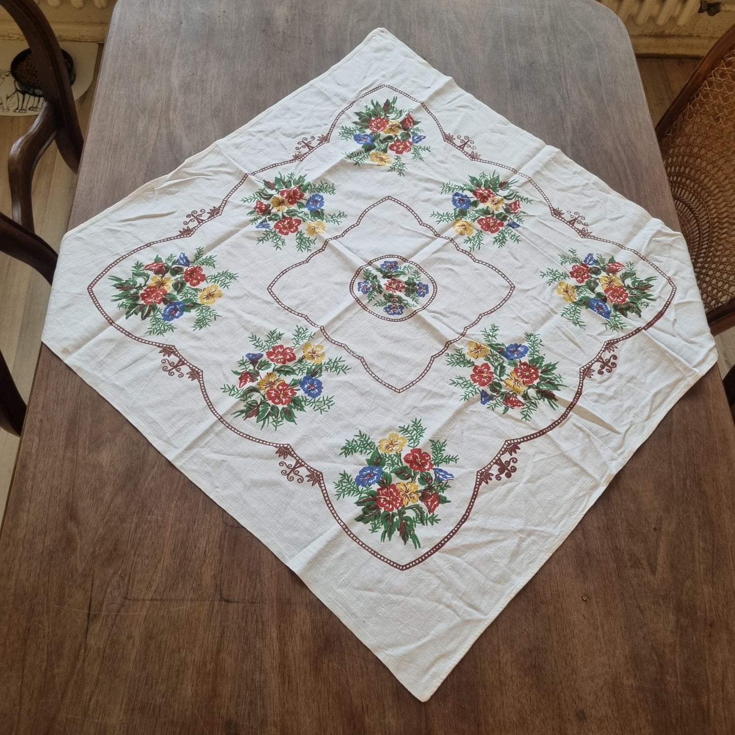 🤍Antike,alte bedruckte Tischdecke 70x70cm Vintage Landhaus French blumen bunt