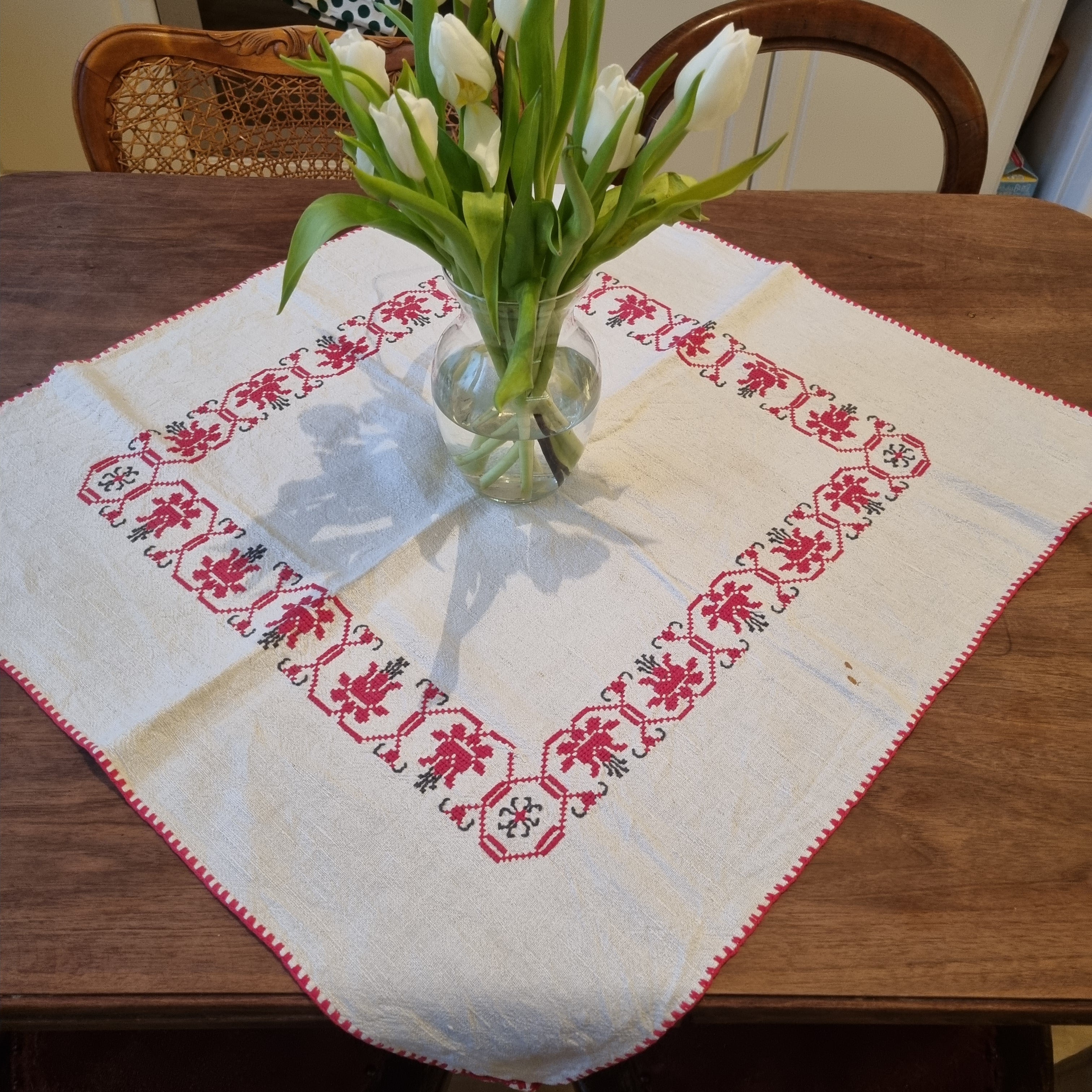 Vintage Tischdecke Handgemacht Baumwolle Leinen 75x75cm 🤍
