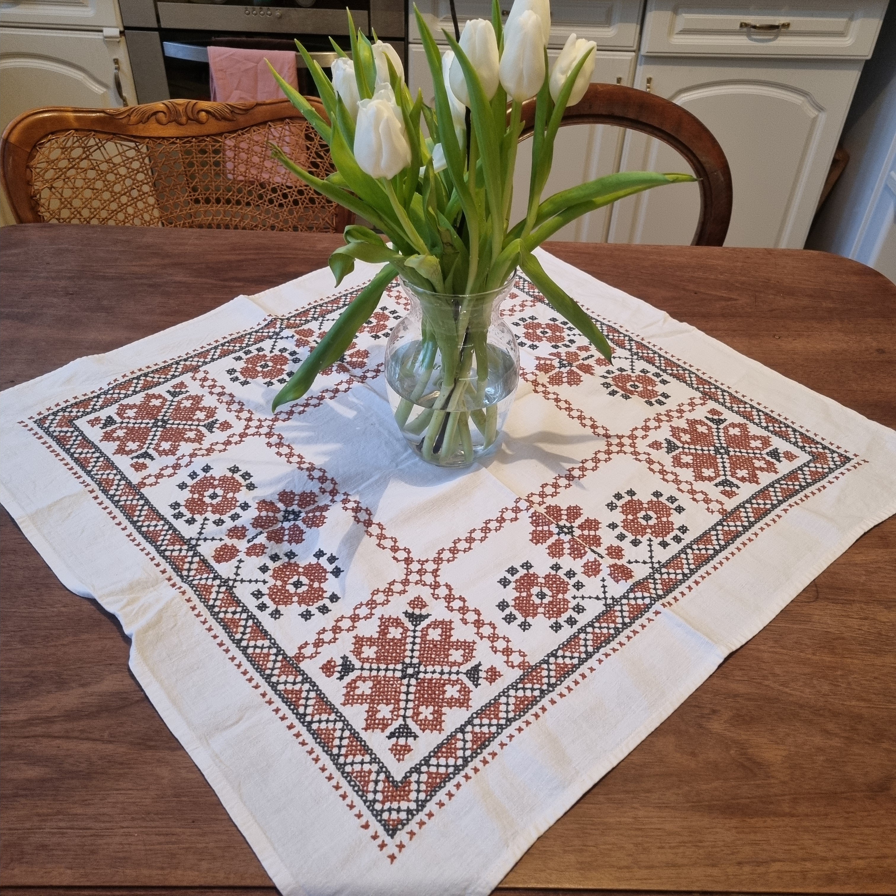 Antike bestickte Mittel Tischdecke Baumwolle 75x75cm 🤍