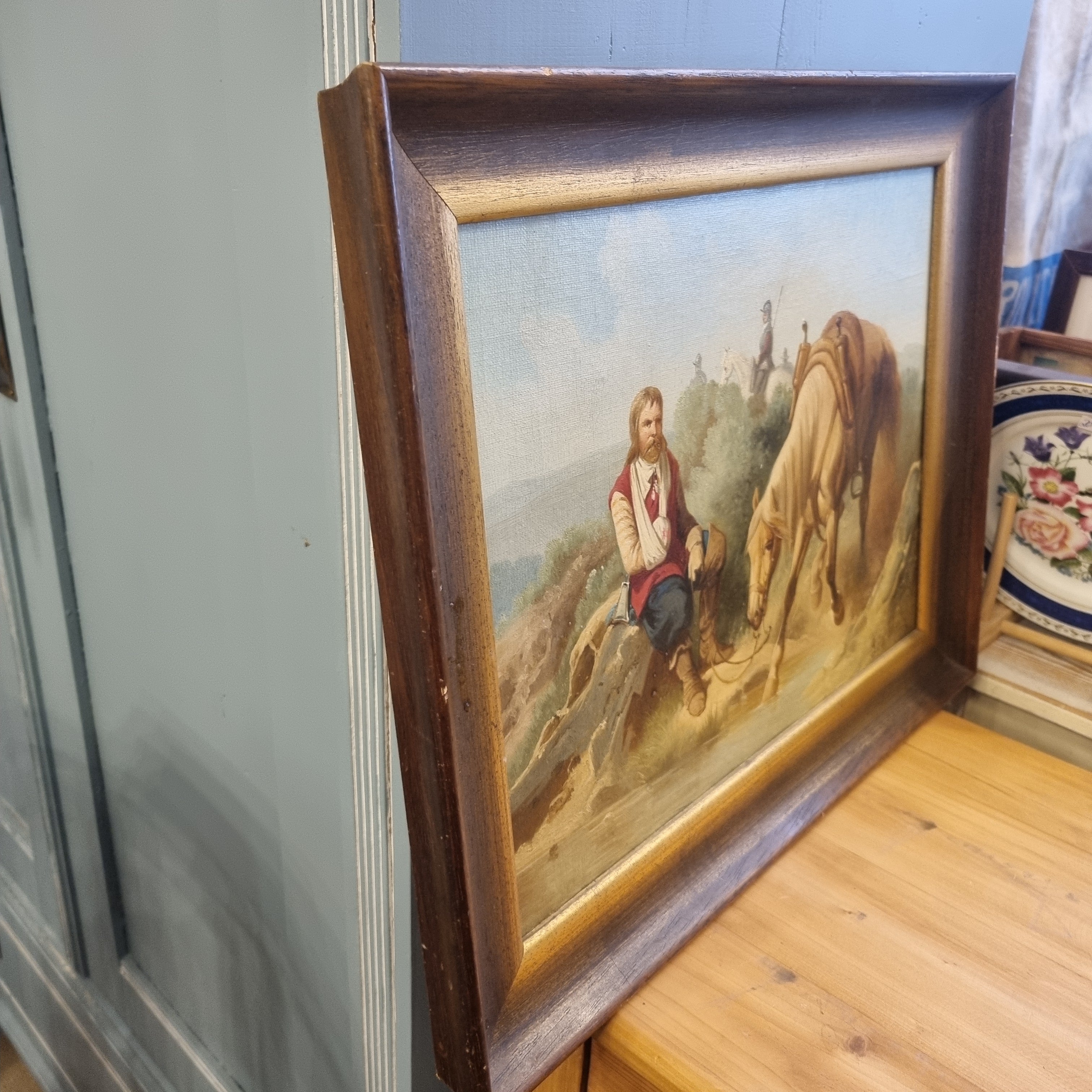 Altes Ölgemälde auf Holz Ritter Pferd verwundet